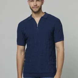 celio celio* Navy Cotton Regular Fit Self Pattern Polo T-Shirt-picture-28