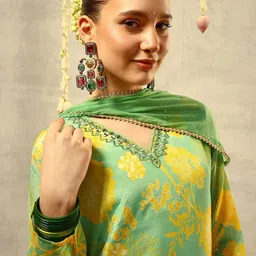 Ishin Floral Printed V-Neck Mirror Work Straight Kurta With Trousers & Dupatta image 5