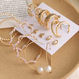 OOMPH Golden Tone Crystal & Pearl Fashion Ear Drop & Stud Earrings for Women - Set of 9-image-2