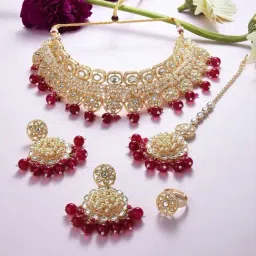 Zaveri Pearls Rani Pink Beads Kundan Cluster Pearls Necklace Earring Maangtikka & Ring Set-ZPFK16231-picture-22