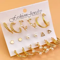 OOMPH Golden Tone Crystal & Pearl Fashion Ear Drop & stud Earrings for Women - Set of 9-image-17