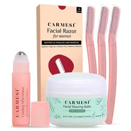 Carmesi All-in-One Face Shaving Kit for Women | 1 Pre-Shave Balm + 3 Reusable Face Razors + 1 Aftershave Roll On | Instant & Painless Facial Hair Removal | Cooling Effect | Soft & Glowing Skin image 1