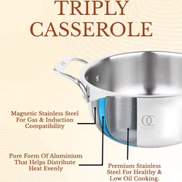 Omichef Primax 24CM (6 LTR) Triply Stainless Steel Casserole/Dutch Oven/Handi/Biryani Pot, Heavy Base, Induction Compatible, with Stainless Steel Lid, Capacity 6 Litre (24 CM with Lid) image 5