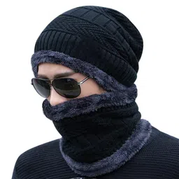 coease Ultra Soft Unisex Woollen Beanie Cap Plus Neck Warmer Muffler Scarf Set for Men Women Girl Boy - (Fur Inside) Warm, Snow Proof Knit Hat Thick Fleece Lined Winter Hat (Multy Colour) (Black) image 1