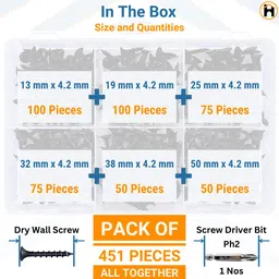 Homdum Assorted Black Dry Wall Screws 6 Sizes (13 mm to 50 mm) + Ph Bit 1 nos, (Pack of 451 Pieces) image 3