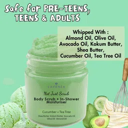 Lavenza Butter Whipped Body Scrub| NO SILICONES OR SULPHATES, Freshly made with Cold pressed Oils & Shea Butter|Deeply Moisturizes, Gently Exfoliates, De-tans, Tightens, with Cucumber Seed Oil |Safe for Kids, Men & Women, 200 Gm image 5