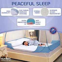 Classic Mosquito Net for Double Bed | King Size Foldable Premium Machardani | Extra Mosquito Protection | Polyester 30GSM Strong Net | PVC Coated Corrosion Resistant Steel Wire - Blue image 4