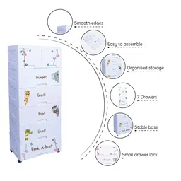 the tickle toe Plastic Chest of Drawers for Kids | 7-Tier Storage Organizer for Clothes, Toys & Essentials | 51L x 33W x 121H cm | Animal Print Dresser Cabinet | Glossy Finish (White) image 4