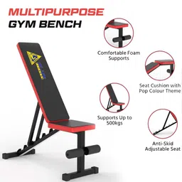 De Jure Fitness (3 In 1) Heavy Duty Adjustable Incline Decline & Flat Workout Bench for Home, Gym, Strength Training, Abdominal and Full Body Workout 500 kg Capacity (Red Black) image 3