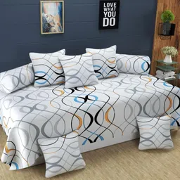 Decozom Stylish Threads Heavy Cotton 8 Pieces Diwan Set ||1 Single Bedsheet, 2 Bolster Covers, 5 Cushion Covers || :- Multi Lehar image 1