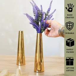 Behoma Golden Metal Slim Cone Flower Vase for Home Decor Bedroom Living Room Office Wedding Table Decorative Item for Festivals Birthday Valentine's Day (Flower Not Included) Small (Set of 2) image 3