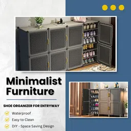 Owme Plastic Shoes Rack for Home, 4-Door 12-Shelf Portable Shoes Rack with Dustproof Door for Heels/Slippers/Boots, DIY Multi-Purpose Shoe Organizer, GREY image 4