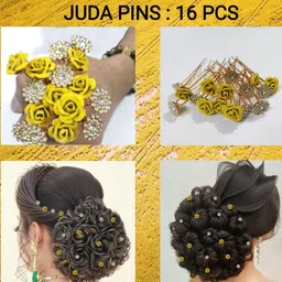 productmine Bridal Hair Bun Pin Accessories/Fancy Golden Juda Pins with Artificial Yellow Rose and Clear Rhinestone for Women and Girls - Set of 16 PCs image 3
