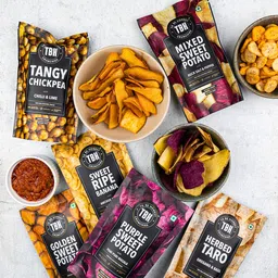 TBH - To Be Honest Fruit & Vegetable Crunchies l Ripe Banana, Chickpea, Taro, Sweet Potato Chips | Gluten Free | Vegan Friendly Snack | Low Fat | 50% Less Oil | No Preservatives - Pack of 6 (480 gm) image 2