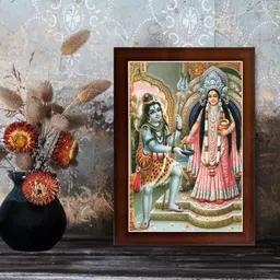 CRAFT QUEST Shiva & Maa Annapurna devi sitting on throne photo frame with Laminated Poster for Kitchen Worship (Brown, 6 X 8 Inches) image 4