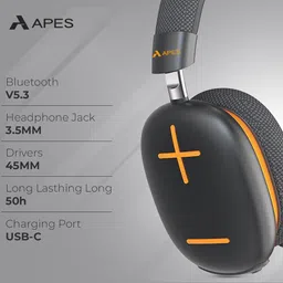 APES Fusion Style Wireless Headphone, 40mm Dynamic Drivers, 50Hrs Playtime, Fast Charge (Black Orange) image 4