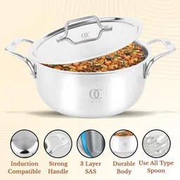 Omichef Primax 24CM (6 LTR) Triply Stainless Steel Casserole/Dutch Oven/Handi/Biryani Pot, Heavy Base, Induction Compatible, with Stainless Steel Lid, Capacity 6 Litre (24 CM with Lid) image 4