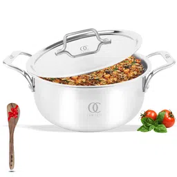 Omichef Primax 24CM (6 LTR) Triply Stainless Steel Casserole/Dutch Oven/Handi/Biryani Pot, Heavy Base, Induction Compatible, with Stainless Steel Lid, Capacity 6 Litre (24 CM with Lid) image 1
