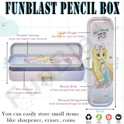 funblast Pencil Box for Kids, Double Layer Metal Pencil Case – Stationary Organizer for Kids, Geometry Box, Stylish Pencil Box, Stationery Box – Birthday Return Gift for Kids (Mermaid) image 2
