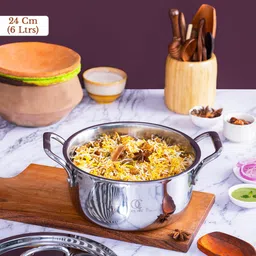 Omichef Primax 24CM (6 LTR) Triply Stainless Steel Casserole/Dutch Oven/Handi/Biryani Pot, Heavy Base, Induction Compatible, with Stainless Steel Lid, Capacity 6 Litre (24 CM with Lid) image 2