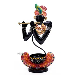 Decor Hub Hand-Painted Krishna Tea Light Candle Holder | Iron Design Tea Light Showpiece for Home Décor | Artistic Metal Figurine with Tealight Holder | 9 x 29 x 17 CM (Black) image 2