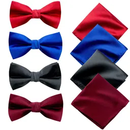 young arrow Premium Satin Bow Tie & Pocket Square Combo for Men | Adjustable Neckband for Perfect Fit Bow Tie for Suits & Tuxedo for Formal Events & Weddings (Pack of 4) (Red,Blue, Black & Maroon) image 1