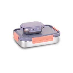 WARMEO Carnival Stainless Steel Airtight Leak-Proof Lunch Box, Light Weight, Easy to Clean, Perfect for Office, School, Picnic & Travelling, Set of 2 (800ml+150ml) Purple & Peach image 1