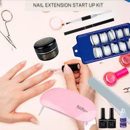 NAIL EXTENSION START UP KIT- MINI UV LAMP,100 NAILS, 1 BUFFER,ONE DUAL ENDED BRUSH WITH SPATULA ,1 TOP COAT- 7.5ML,1 BUILDER GEL ( CLEAR OR PINK),1 BASE COAT- 7.5 ML,1 NAIL GLUE(Startupkit) image 2