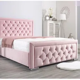generic Luxury Tufted Bed Frame with Diamond Pattern Headboard and Footboard, Pink Velvet, Chrome Feet image 2
