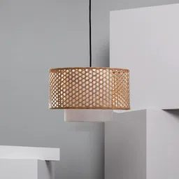 AKWAY Bamboo Lamp for Living Room Cane Pendant Light Rattan lamp for Hanging Bamboo Ceiling lamp for Home Decoration (Beige 14 Dia x 7) image 3