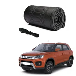 generic Car Steering Wheel Cover with Needle Thread Leather Sleeve Anti-Slip Breathable Full Black Color Suitable for Maruti Suzuki Brezza image 1