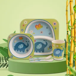 Tony Stark Bamboo Baby Feeding Set - 5-Piece Tableware for Toddlers, Kids & Babies Includes Plate, Bowl, Cup, Spoon, Fork - BPA-Free, Unbreakable Eco-Friendly |Organic & Natural (Elephant) image 1