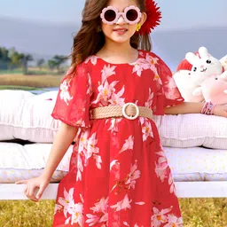 Hola Bonita Woven  Half Sleeves Knee Length Floral Printed  Dress - Red-picture-15