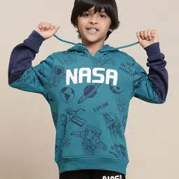 Kidsville Full Sleeves Space Theme Printed Hooded Sweatshirt -Blue-picture-10