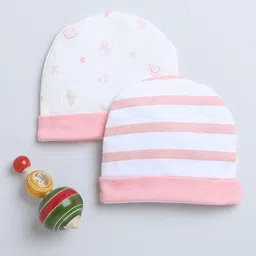 BUMZEE Pack Of 2 Striped & Animals Printed Round Caps - Peach & White-image-20