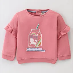 ToffyHouse Cotton Woven Frill Designed Full Sleeves  Top with  Unicorn Print & Text Patch - Deep Pink-image-16