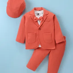 Robo Fry Knit Full Sleeves Striped T-Shirt & Trouser Set with Hat Blazer & Attached Bow - Peach-picture-17