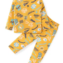 Babyhug Cotton Knit Full Sleeves Night Suit with Text & Varsity Print - Mustard-picture-12