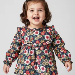 Babyhug Rayon Woven Full Sleeves Top with Floral Print & Frill Detailing - Black & Red-image-26