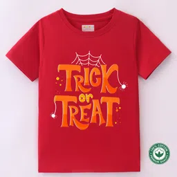 BLUSHES 100% Cotton Halloween Theme Half Sleeves Trick Or Treat Text Printed Tee - Red-picture-27