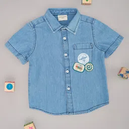Pantaloons Baby Denim Half Sleeves Welcome To The Jungle Text Patch Embroidered Shirt - Blue-picture-17
