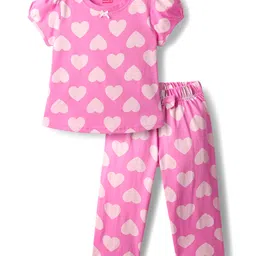 Babyhug Cotton Knit Half Sleeves Co-Ord Night Suit With Heart Print - Pink-picture-31