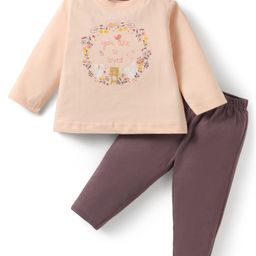 Zero Sinker Knit Full Sleeves Top & Lounge Pant Set With Floral & Animal Print - Light Peach & Purple-picture-12
