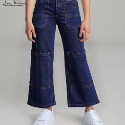 arias by lara dutta Arias Denim Woven Full Length Wide Leg Washed Jeans With Stretch & Patch Pockets - Blue-picture-41