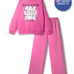 Primo Gino 100% Cotton French Terry Full Sleeves Printed Sweatshirt with Joggers Sets with The Good One Text Print - Pink-picture-22