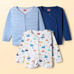 Babyhug 100% Cotton Knit Antibacterial Full Sleeves Front Open Vest with Stripes & Vehicle Print Pack of 3 - Navy Blue & White-picture-31