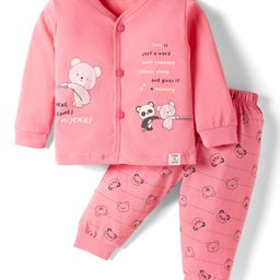 CUCUMBER Sinker Knit Full Sleeves Panda Printed Front Open Night Suit - Pink-picture-9