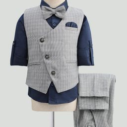 Robo Fry Cotton Woven Full Sleeves 3 Piece Solid Party Suit With Bow - Navy Blue-picture-24