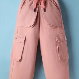 Olio Kids Cotton Woven Full Length Solid Color Trouser with Cargo Pocket - Peach-picture-28