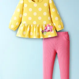 Babyhug Single Jersey Knit Full Sleeves Top and Leggings Set with Polka Dot & Floral Applique & Embroidery - Pink & Yellow-picture-19